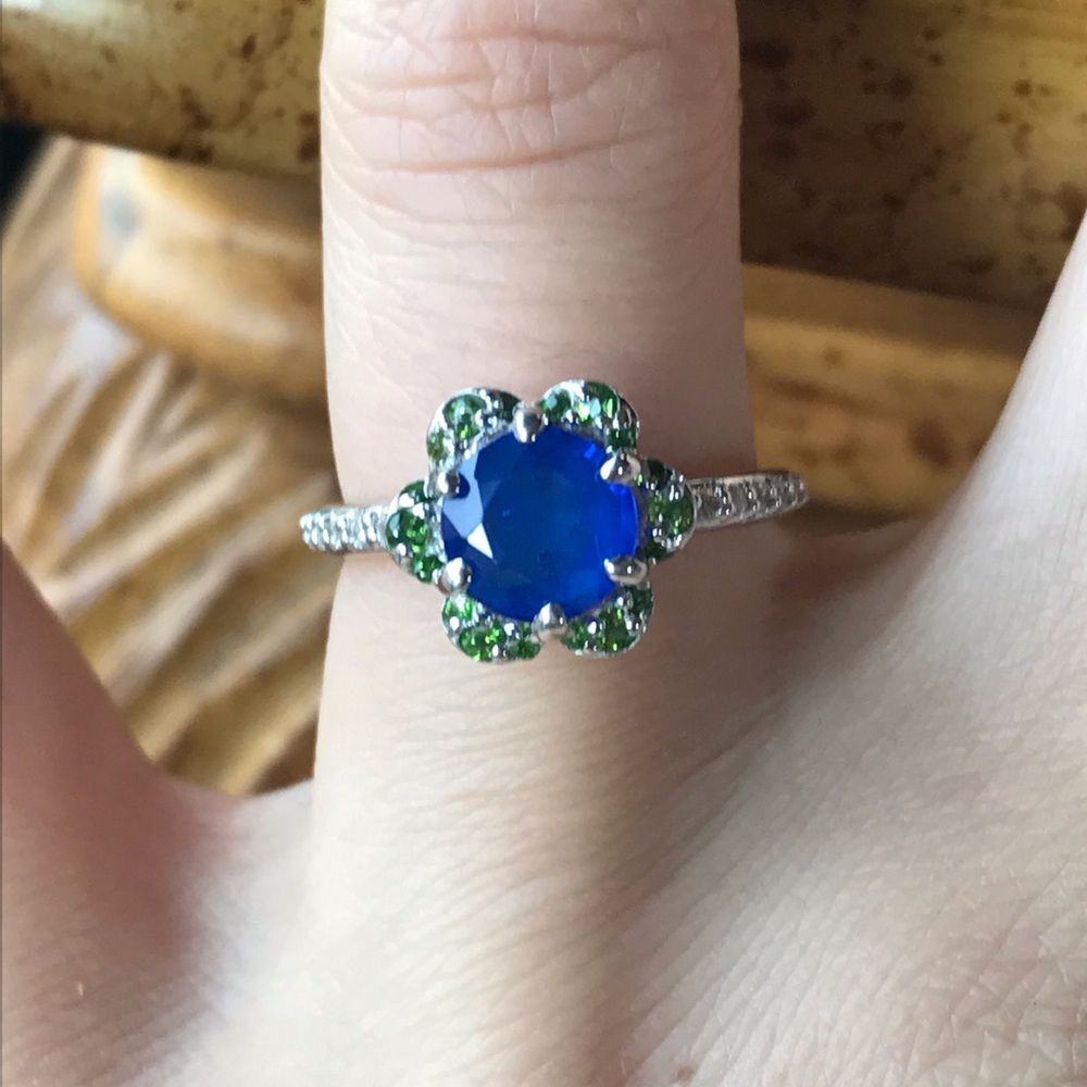 Blue Spinel Chrome Diopside Sterling Silver Ring Size 6